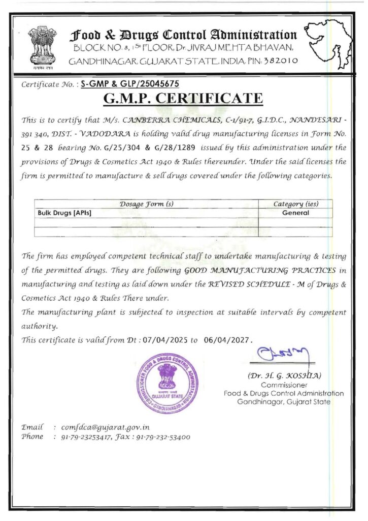 Canberra Chemicals GMP Certificate